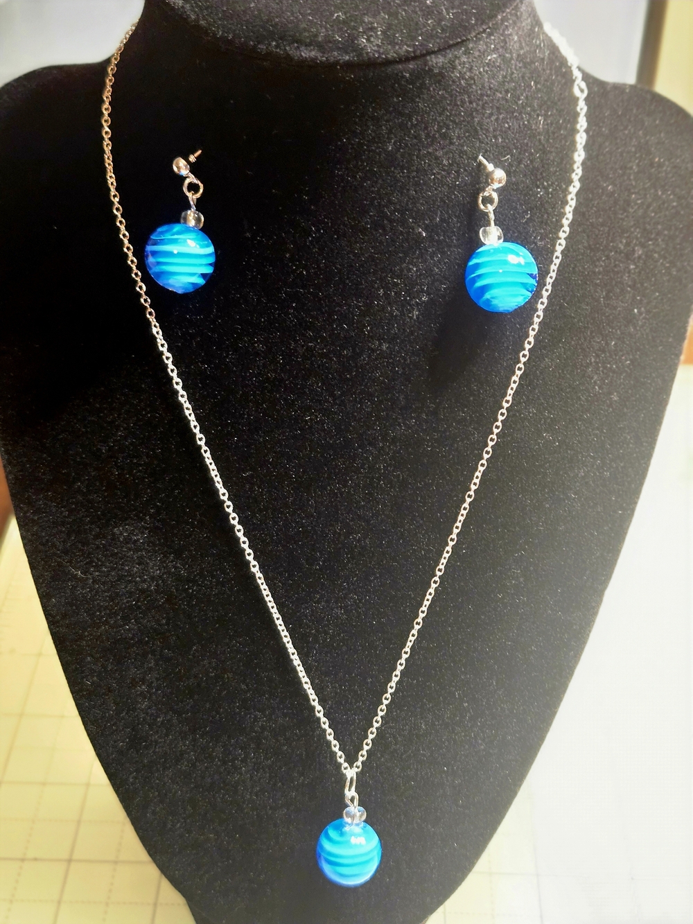 Silver Chain Necklace and Earrings Set with Blue Striped Beads
